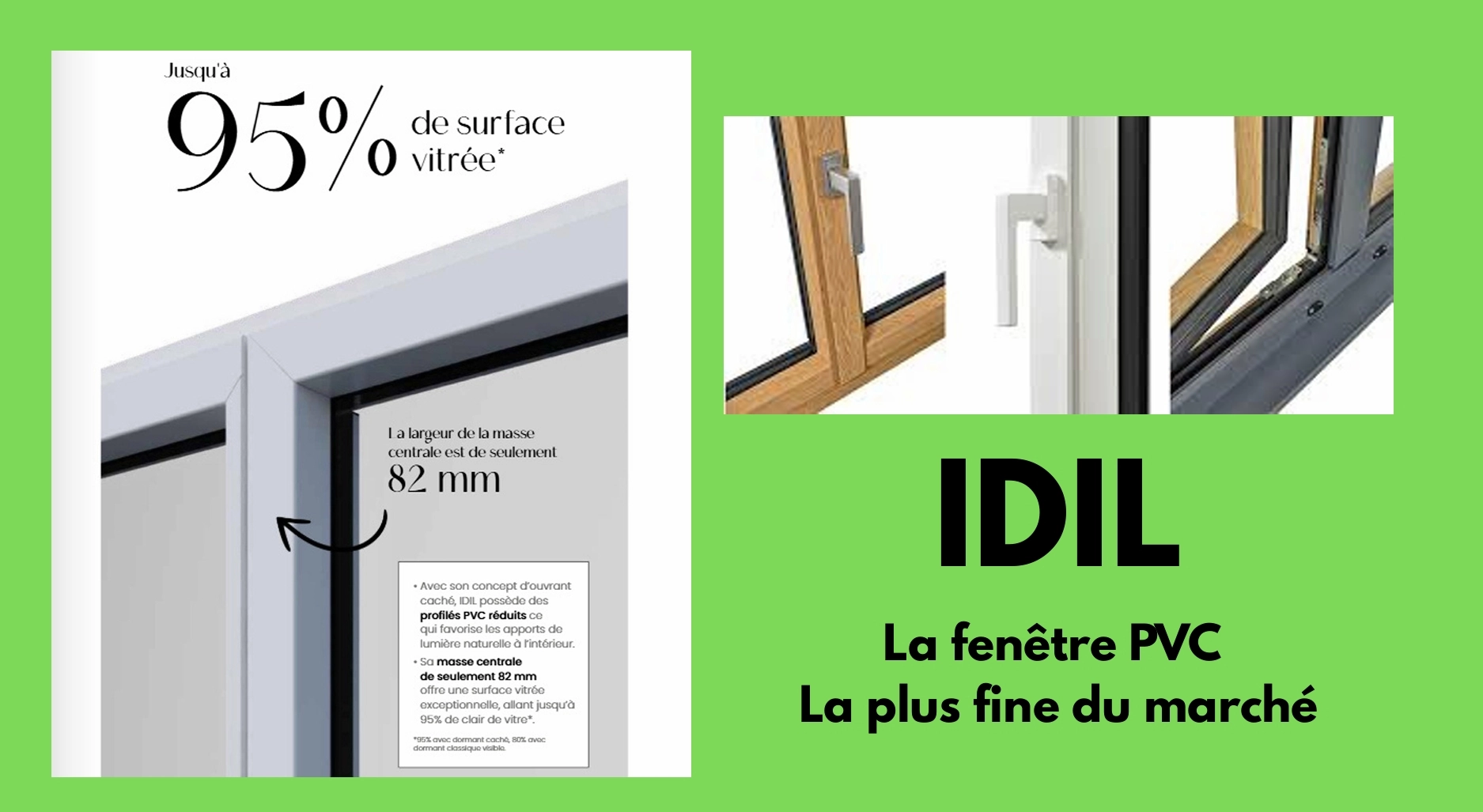 Fenêtre PVC IDIL au design fin, jusqu’à 95 % de surface vitrée, profil central 82 mm pour un maximum de luminosité